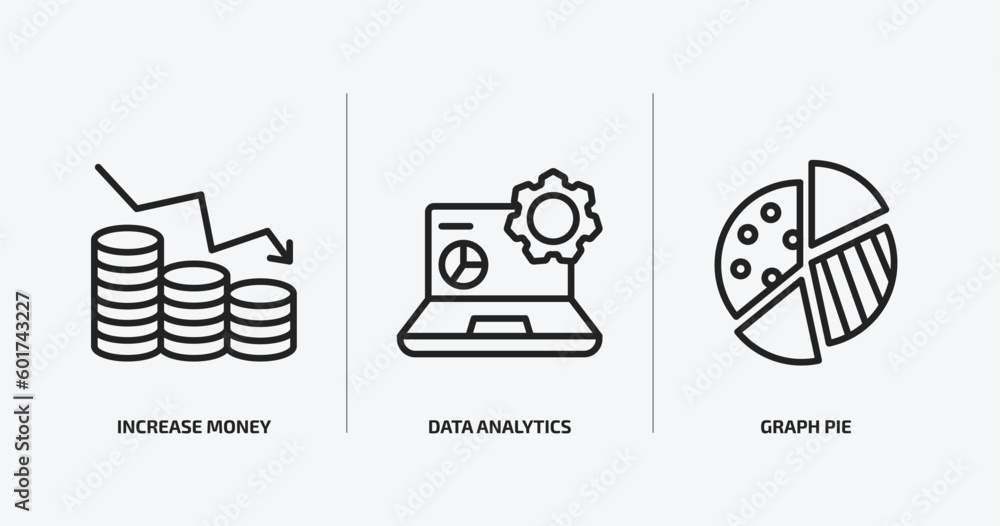 Poster business and analytics outline icons set. business and analytics icons such as increase money, data 