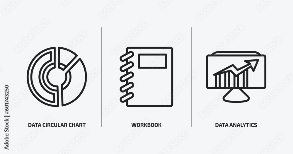 Poster business and analytics outline icons set. business and analytics icons such as data circular chart, 