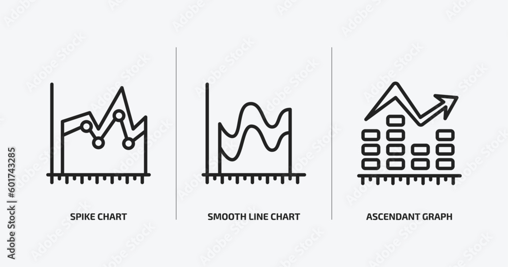 Poster business outline icons set. business icons such as spike chart, smooth line chart, ascendant graph v