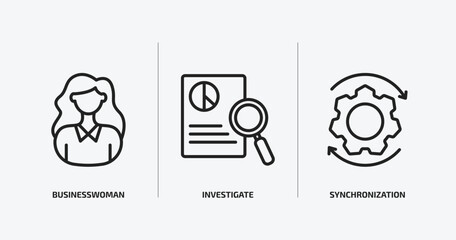 Naklejka premium business outline icons set. business icons such as businesswoman, investigate, synchronization vector. can be used web and mobile.