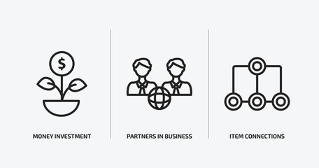 business outline icons set. business icons such as money investment, partners in business, item connections vector. can be used web and mobile.