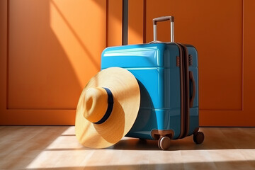 Two pieces of blue luggage on wooden floors with a straw hat - Generative AI
