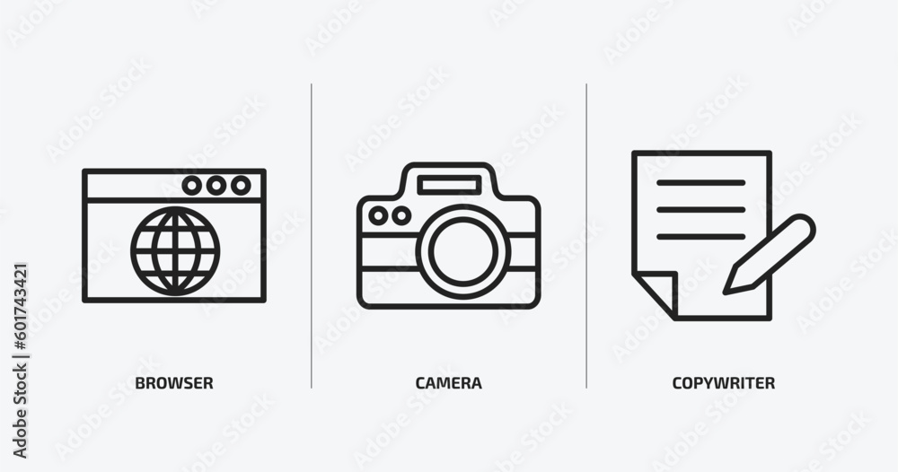 Poster blogger and influencer outline icons set. blogger and influencer icons such as browser, camera, copy