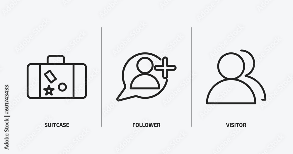 Poster blogger and influencer outline icons set. blogger and influencer icons such as suitcase, follower, v