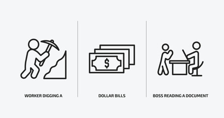 business outline icons set. business icons such as worker digging a hole, dollar bills, boss reading a document vector. can be used web and mobile.