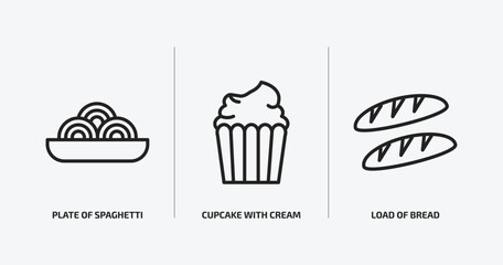 bistro and restaurant outline icons set. bistro and restaurant icons such as plate of spaghetti, cupcake with cream, load of bread vector. can be used web and mobile.