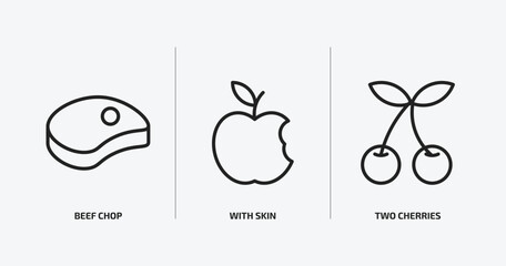 bistro and restaurant outline icons set. bistro and restaurant icons such as beef chop, with skin, two cherries vector. can be used web and mobile.