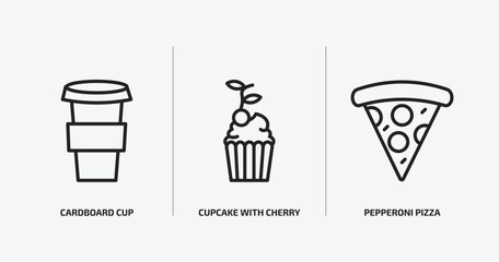 bistro and restaurant outline icons set. bistro and restaurant icons such as cardboard cup, cupcake with cherry, pepperoni pizza slice vector. can be used web and mobile.