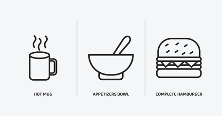 bistro and restaurant outline icons set. bistro and restaurant icons such as hot mug, appetizers bowl, complete hamburger vector. can be used web and mobile.