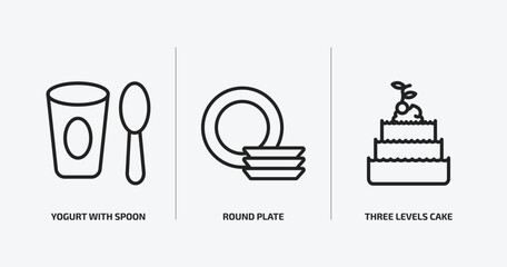 bistro and restaurant outline icons set. bistro and restaurant icons such as yogurt with spoon, round plate, three levels cake vector. can be used web and mobile.