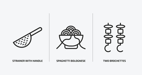 bistro and restaurant outline icons set. bistro and restaurant icons such as strainer with handle, spaghetti bolognese, two brochettes vector. can be used web and mobile.