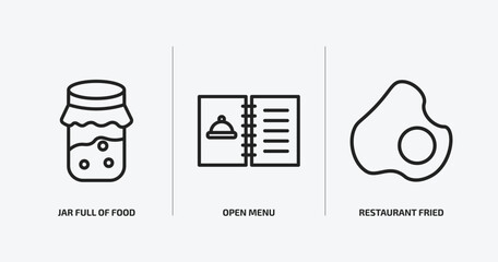 bistro and restaurant outline icons set. bistro and restaurant icons such as jar full of food, open menu, restaurant fried egg vector. can be used web and mobile.