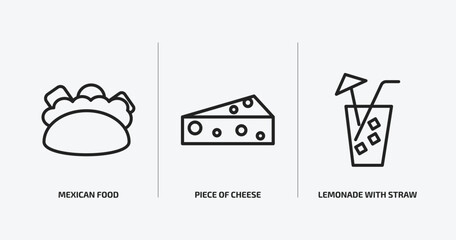 bistro and restaurant outline icons set. bistro and restaurant icons such as mexican food, piece of cheese, lemonade with straw vector. can be used web and mobile.