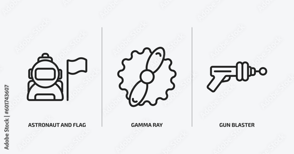 Poster astronomy outline icons set. astronomy icons such as astronaut and flag, gamma ray, gun blaster vect