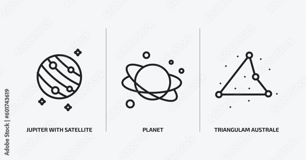 Poster astronomy outline icons set. astronomy icons such as jupiter with satellite, planet, triangulam aust