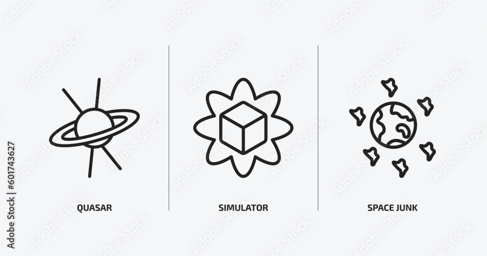 Aufkleber astronomy outline icons set. astronomy icons such as quasar, simulator, space junk vector. can be us
