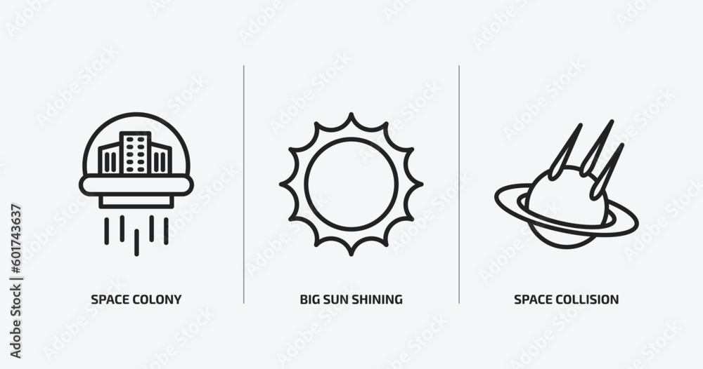Poster astronomy outline icons set. astronomy icons such as space colony, big sun shining, space collision 