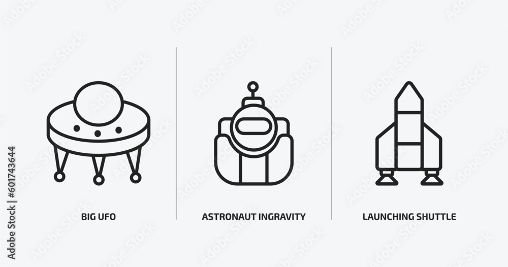 Poster astronomy outline icons set. astronomy icons such as big ufo, astronaut ingravity, launching shuttle