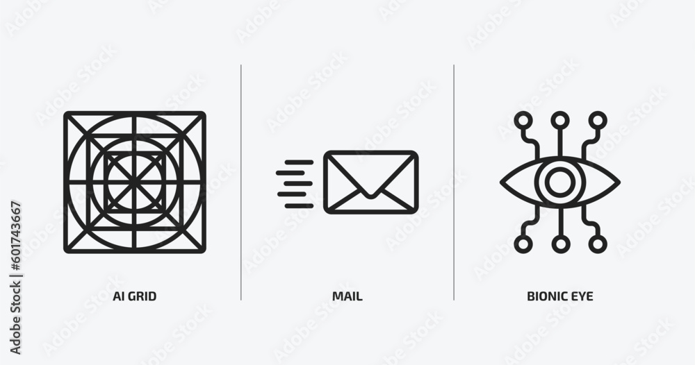 Poster artificial intellegence outline icons set. artificial intellegence icons such as ai grid, mail, bion