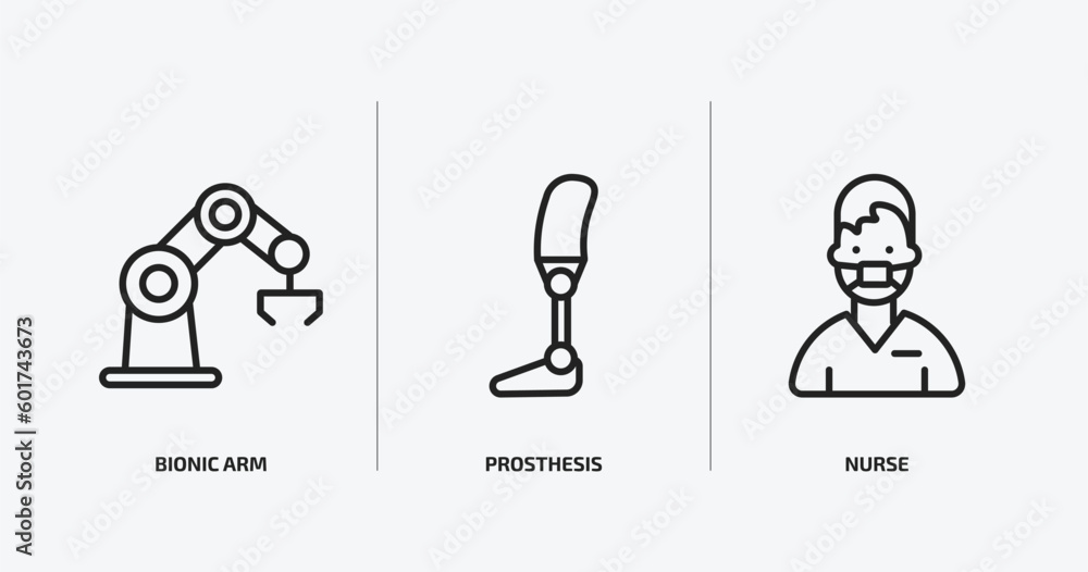 Poster artificial intellegence outline icons set. artificial intellegence icons such as bionic arm, prosthe