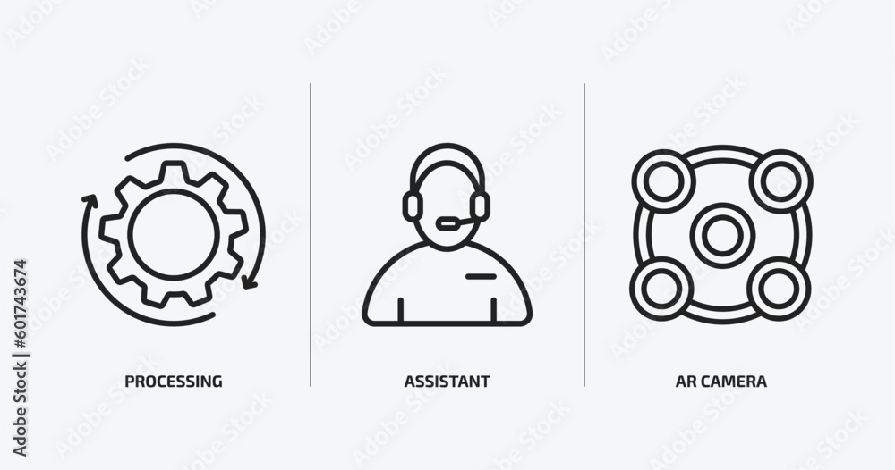 Poster artificial intellegence outline icons set. artificial intellegence icons such as processing, assista
