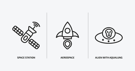 astronomy outline icons set. astronomy icons such as space station, aerospace, alien with aqualung vector. can be used web and mobile.