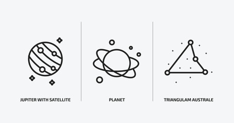 astronomy outline icons set. astronomy icons such as jupiter with satellite, planet, triangulam australe vector. can be used web and mobile.