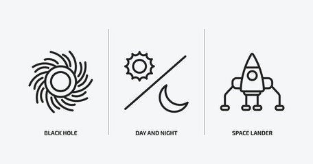 astronomy outline icons set. astronomy icons such as black hole, day and night, space lander vector. can be used web and mobile.