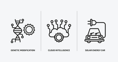 artificial intellegence outline icons set. artificial intellegence icons such as genetic modification, cloud intelligence, solar energy car vector. can be used web and mobile.