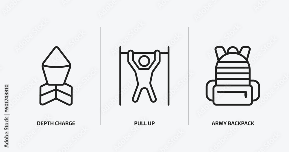 Poster army and war outline icons set. army and war icons such as depth charge, pull up, army backpack vect
