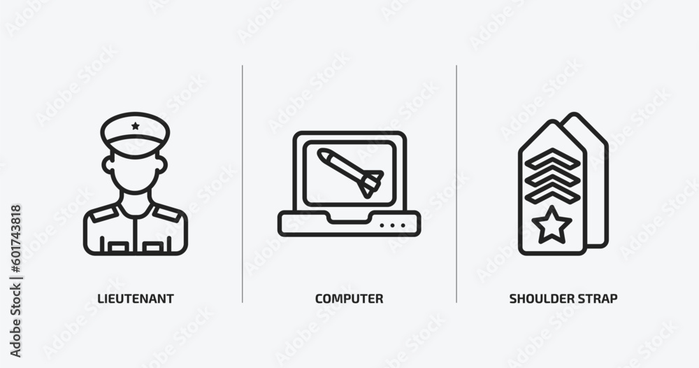 Poster army and war outline icons set. army and war icons such as lieutenant, computer, shoulder strap vect