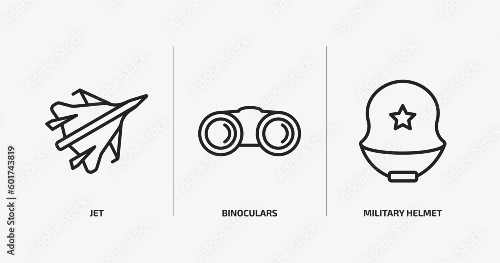 Poster army and war outline icons set. army and war icons such as jet, binoculars, military helmet vector. 