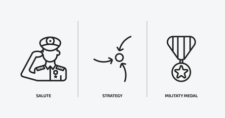 army and war outline icons set. army and war icons such as salute, strategy, militaty medal vector. can be used web and mobile.