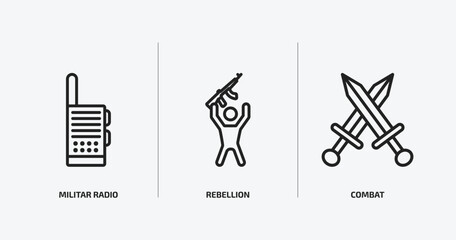 army and war outline icons set. army and war icons such as militar radio, rebellion, combat vector. can be used web and mobile.