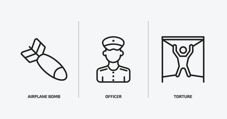 army and war outline icons set. army and war icons such as airplane bomb, officer, torture vector. can be used web and mobile.