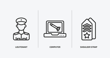 army and war outline icons set. army and war icons such as lieutenant, computer, shoulder strap vector. can be used web and mobile.