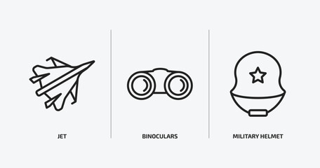army and war outline icons set. army and war icons such as jet, binoculars, military helmet vector. can be used web and mobile.