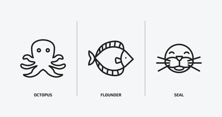 animals outline icons set. animals icons such as octopus, flounder, seal vector. can be used web and mobile.