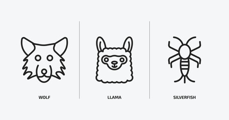 animals outline icons set. animals icons such as wolf, llama, silverfish vector. can be used web and mobile.