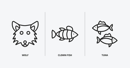 animals outline icons set. animals icons such as wolf, clown fish, tuna vector. can be used web and mobile.