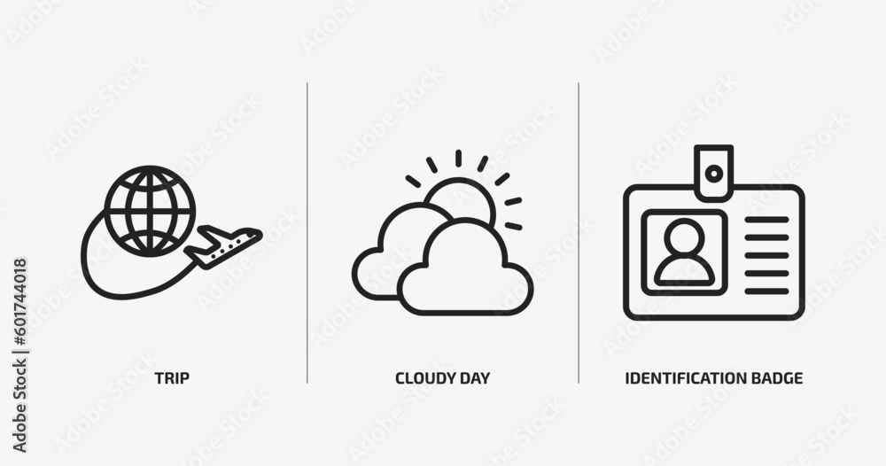 Poster airport terminal outline icons set. airport terminal icons such as trip, cloudy day, identification 