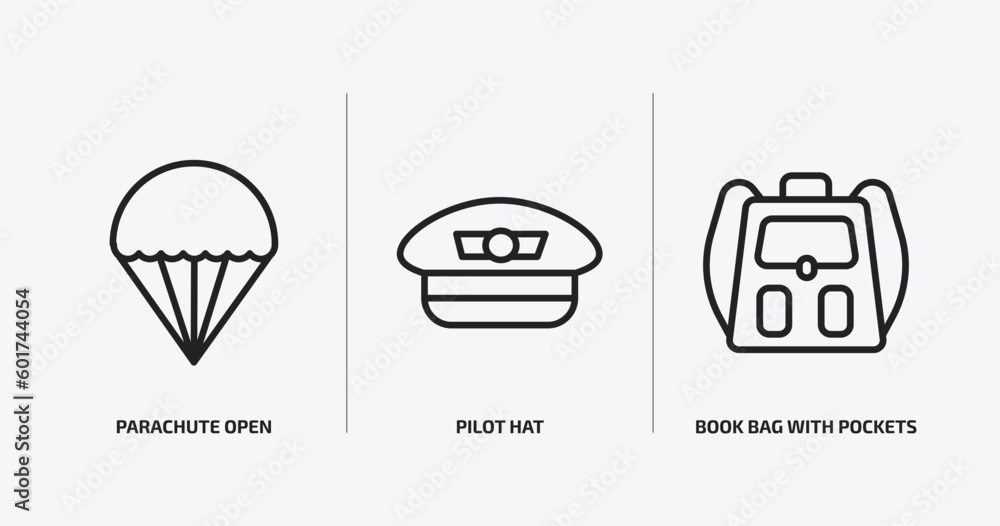 Poster airport terminal outline icons set. airport terminal icons such as parachute open, pilot hat, book b