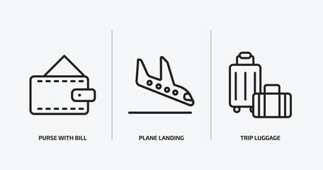 Obraz premium airport terminal outline icons set. airport terminal icons such as purse with bill, plane landing, trip luggage vector. can be used web and mobile.