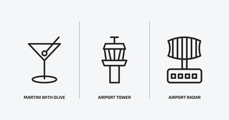 airport terminal outline icons set. airport terminal icons such as martini with olive, airport tower, radar vector. can be used web and mobile.