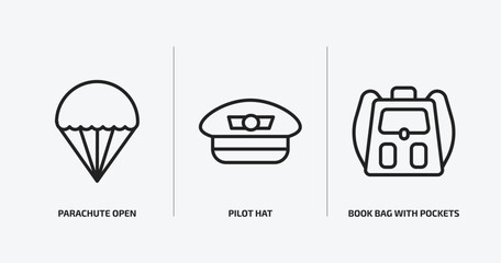 airport terminal outline icons set. airport terminal icons such as parachute open, pilot hat, book bag with pockets vector. can be used web and mobile.
