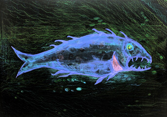 Psychedelic big blue fish in greenish water. The dabbing technique near the edges gives a soft focus effect due to the altered surface roughness of the paper..