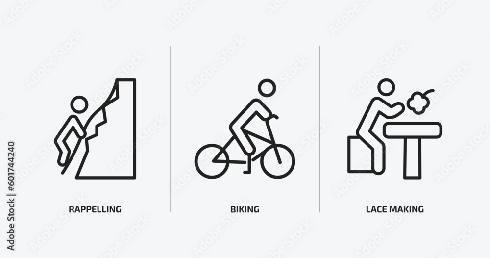 Poster activity and hobbies outline icons set. activity and hobbies icons such as rappelling, biking, lace 