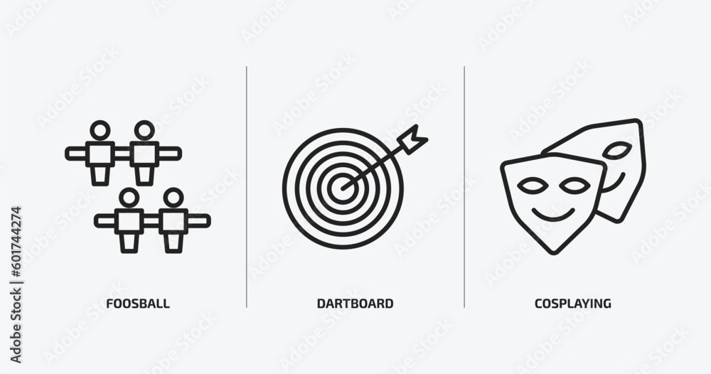Poster activity and hobbies outline icons set. activity and hobbies icons such as foosball, dartboard, cosp