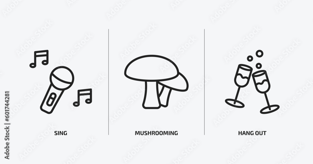 Poster activity and hobbies outline icons set. activity and hobbies icons such as sing, mushrooming, hang o
