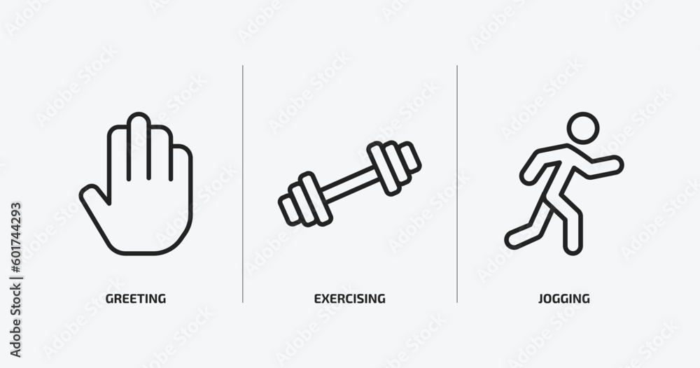 Aufkleber activity and hobbies outline icons set. activity and hobbies icons such as greeting, exercising, jog